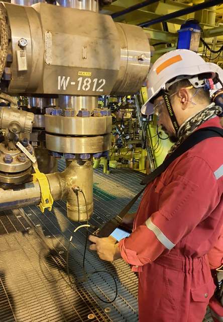 Technician performing offline vibration analysis on plant valve