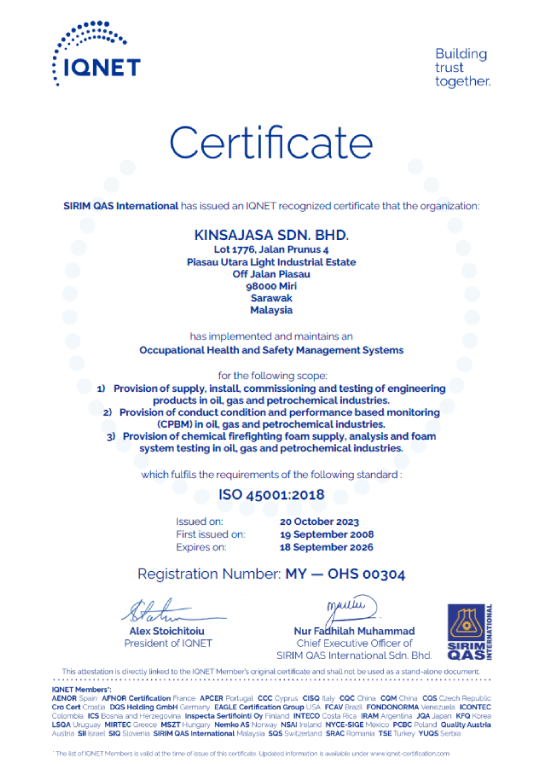 IQNET ISO 45001:2018 certificate